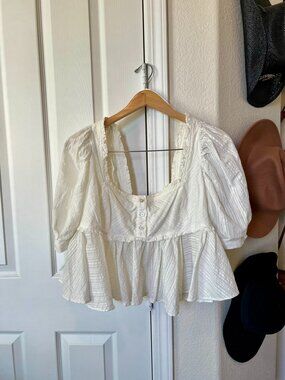 Free People Puffy Short Sleeve Button-Down White Textured Blouse